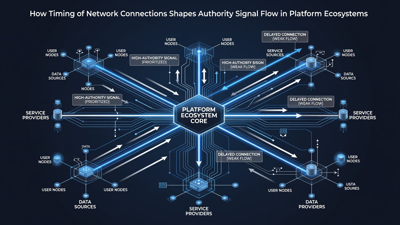 Visualization of authority signal propagation patterns influenced by connection timing in digital platform networks
