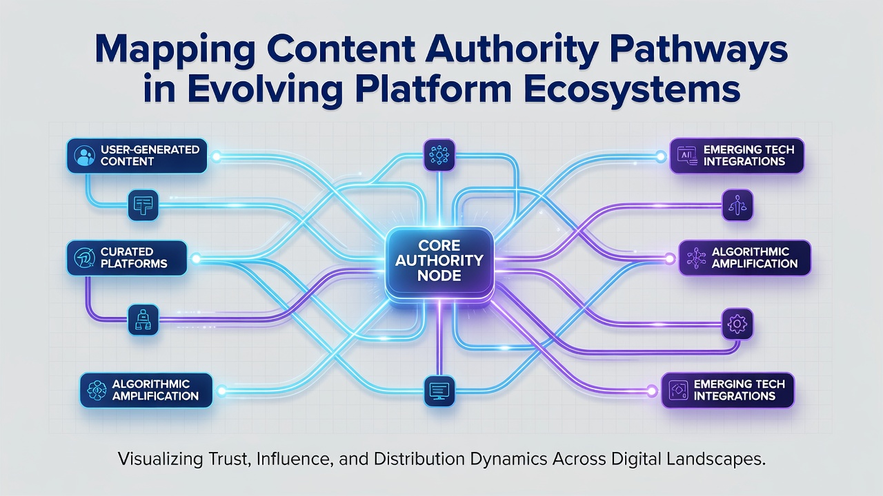 Diagram illustrating evolving platform ecosystems with authority signals rerouted through updated algorithm layers and cross-service integrations